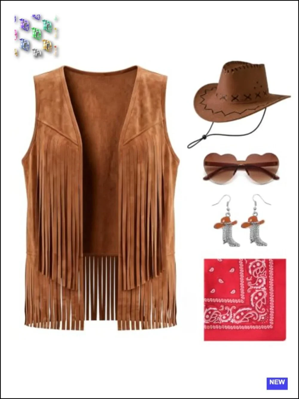 Cowgirl Outfit Set 6 Pieces Fringe Vest Hat Bandana Heart Glasses Earrings